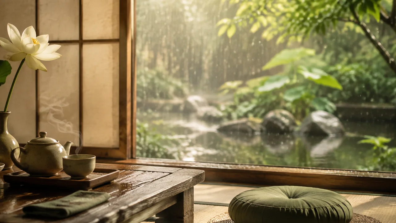 Bàn trà, tọa cụ và hoa sen bên cửa sổ sáng sớm