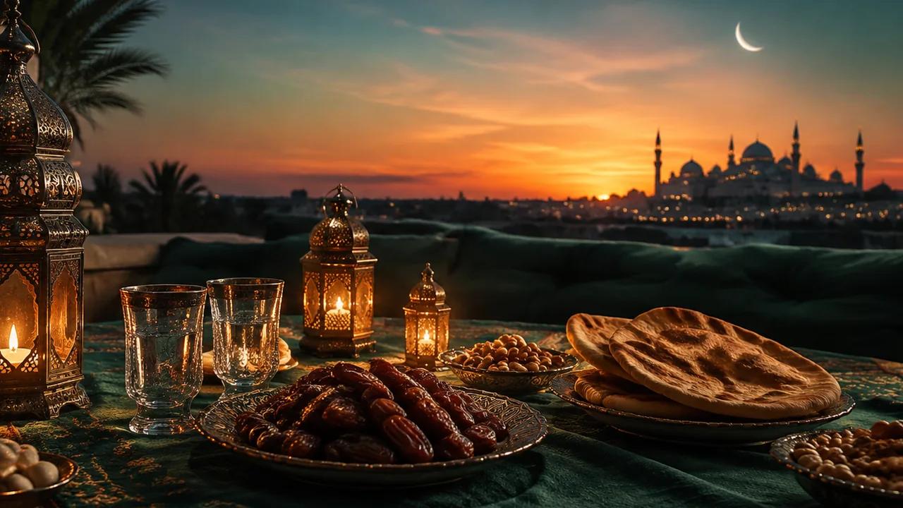 Bàn iftar với chà là, nước và đèn lồng trước hoàng hôn