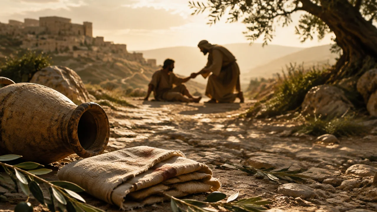 Illustration of a traveler helping someone beside a road