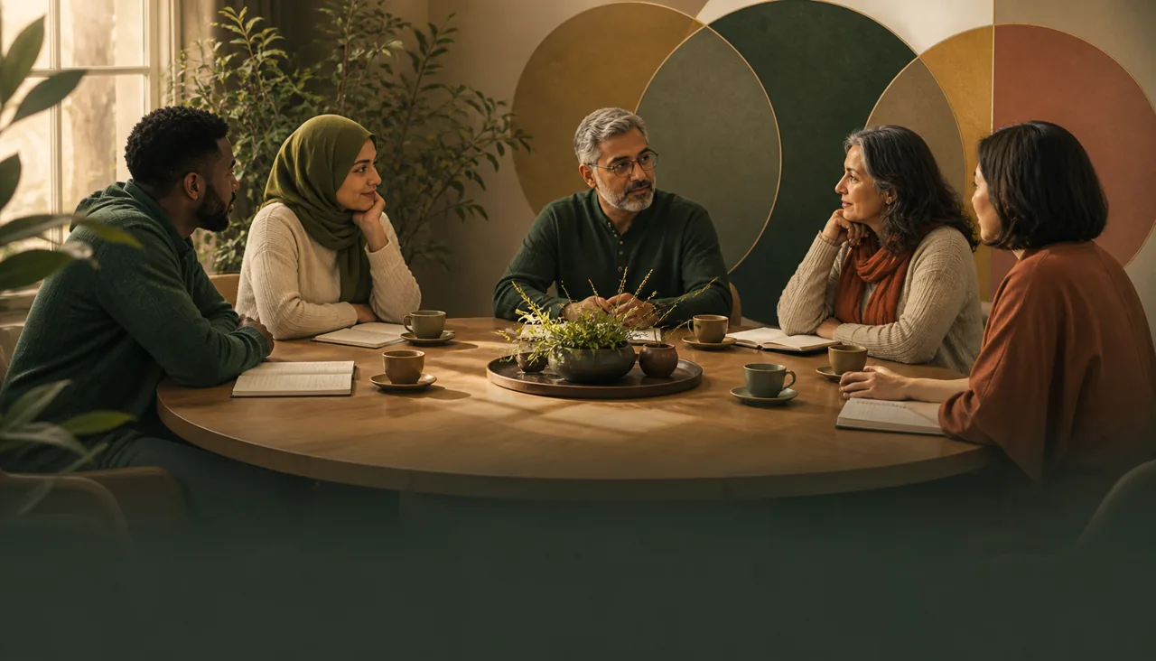 Illustration of people listening around a shared table
